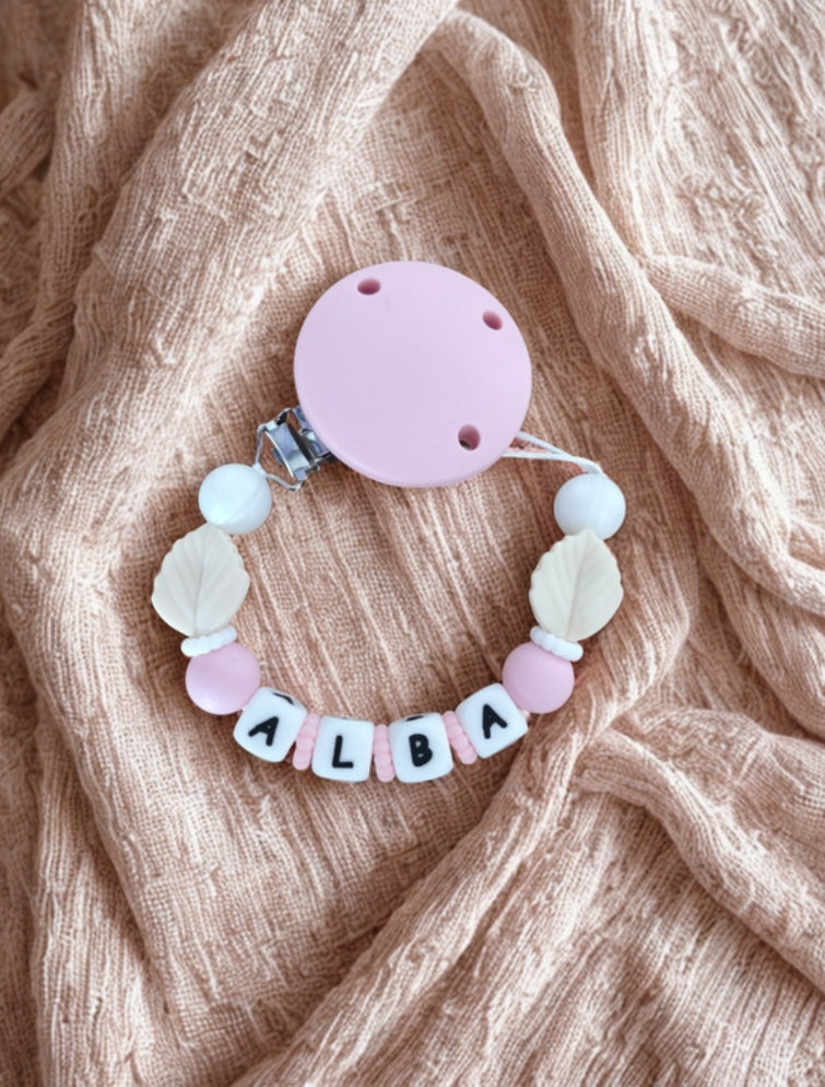 Attache tétine feuille / rose
